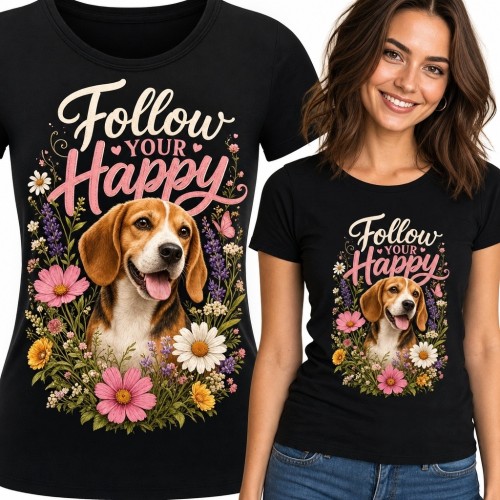 Koszulka damska z beagle’em, kwiatami i napisem „Follow Your Happy”