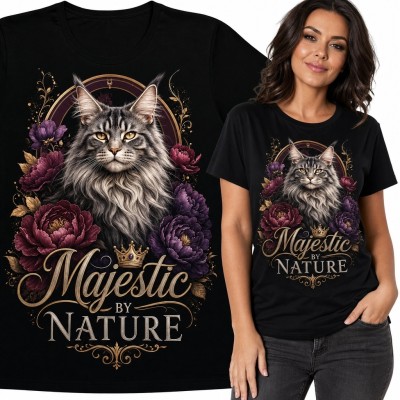 Koszulka damska z majestatycznym kotem i piwoniami „Majestic by Nature” - mroczny wzór