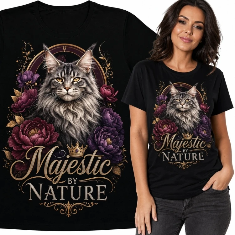 Koszulka damska z majestatycznym kotem i piwoniami „Majestic by Nature” - mroczny wzór