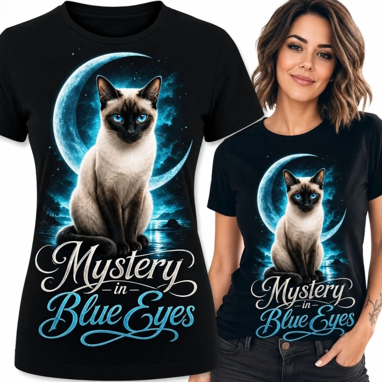Koszulka damska z kotem syjamskim i księżycem „Mystery in Blue Eyes”