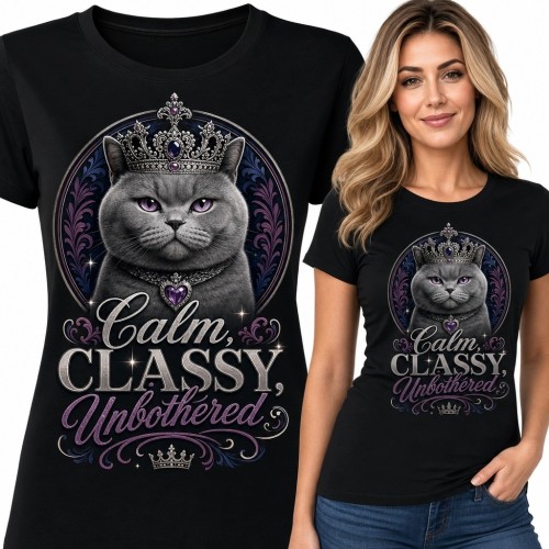Koszulka damska z koronowanym kotem „Calm, Classy, Unbothered”