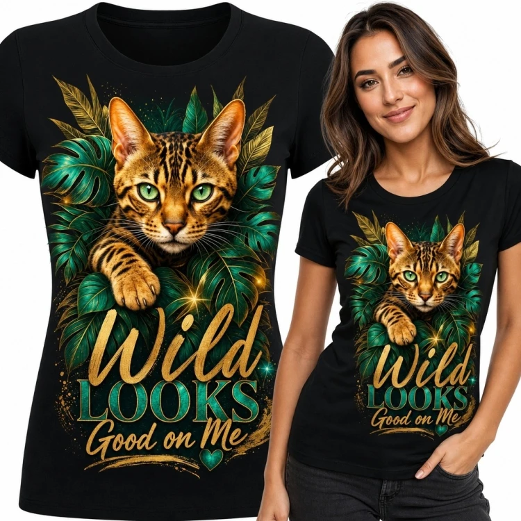 Koszulka damska z cętkowanym kotem „Wild Looks Good on Me” - tropikalny motyw