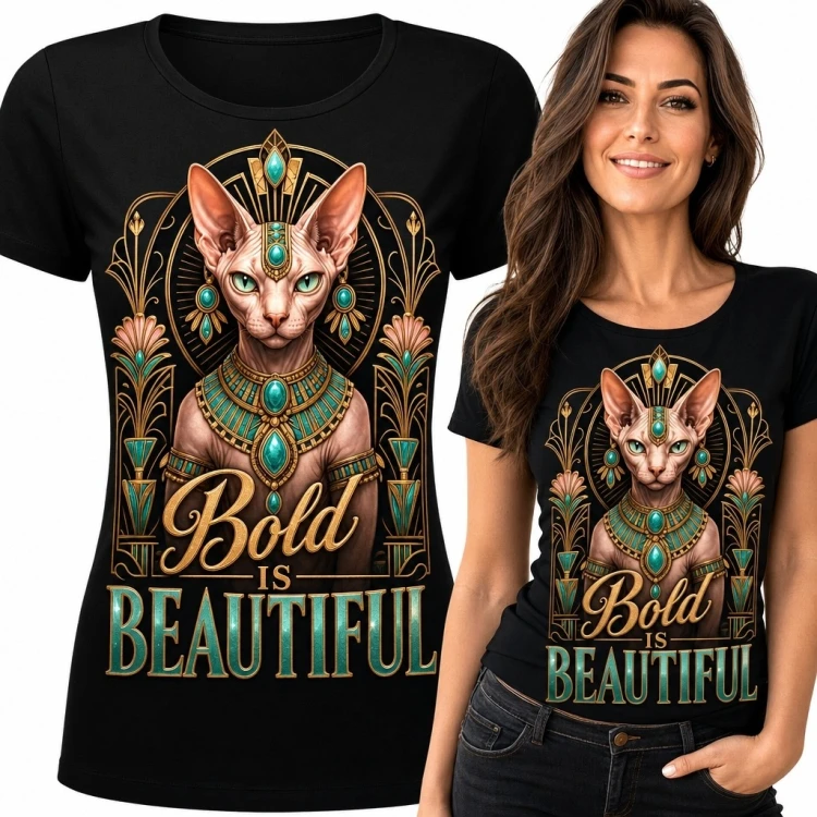 Koszulka damska z kotem sfinksem w egipskim stylu - „Bold is Beautiful”