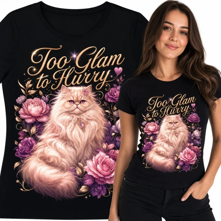 Koszulka damska z kotem i kwiatami „Too Glam to Hurry!” - czarna