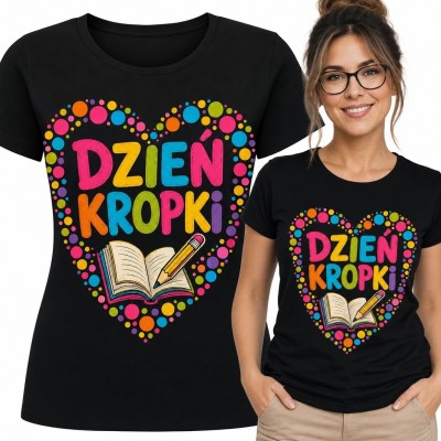 Koszulka damska „Dzień Kropki” - kolorowe serce z książką i ołówkiem