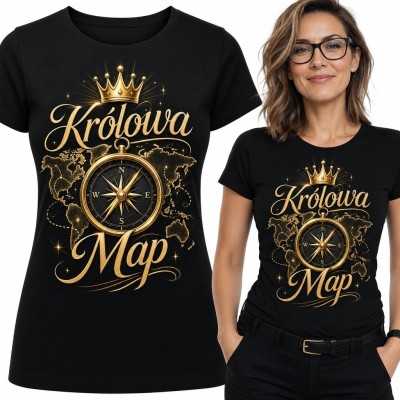 Koszulka damska „Królowa Map” - róża wiatrów i mapa świata