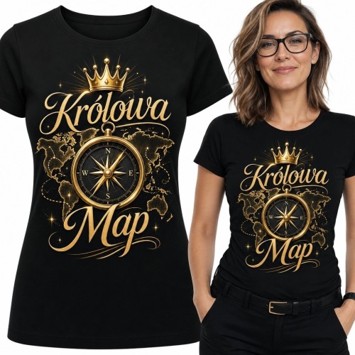 Koszulka damska „Królowa Map” - róża wiatrów i mapa świata