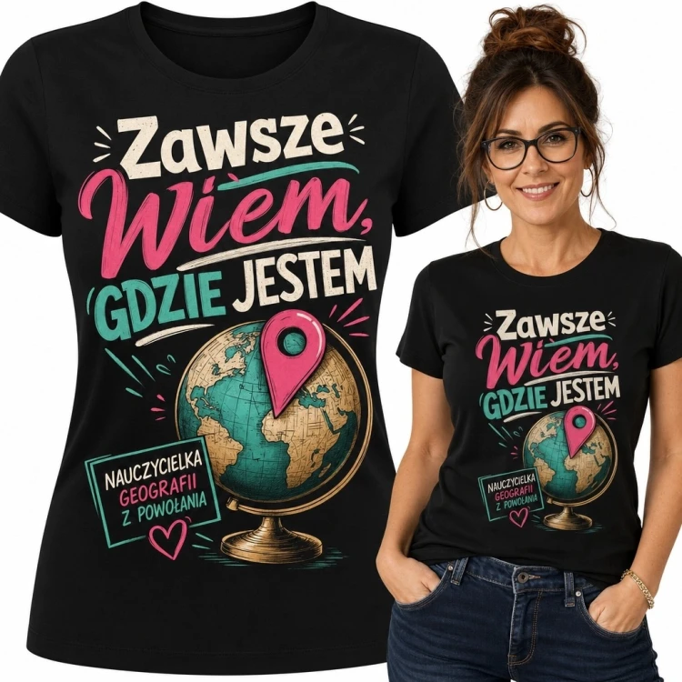Koszulka damska dla nauczycielki geografii z globusem „Zawsze wiem, gdzie jestem”