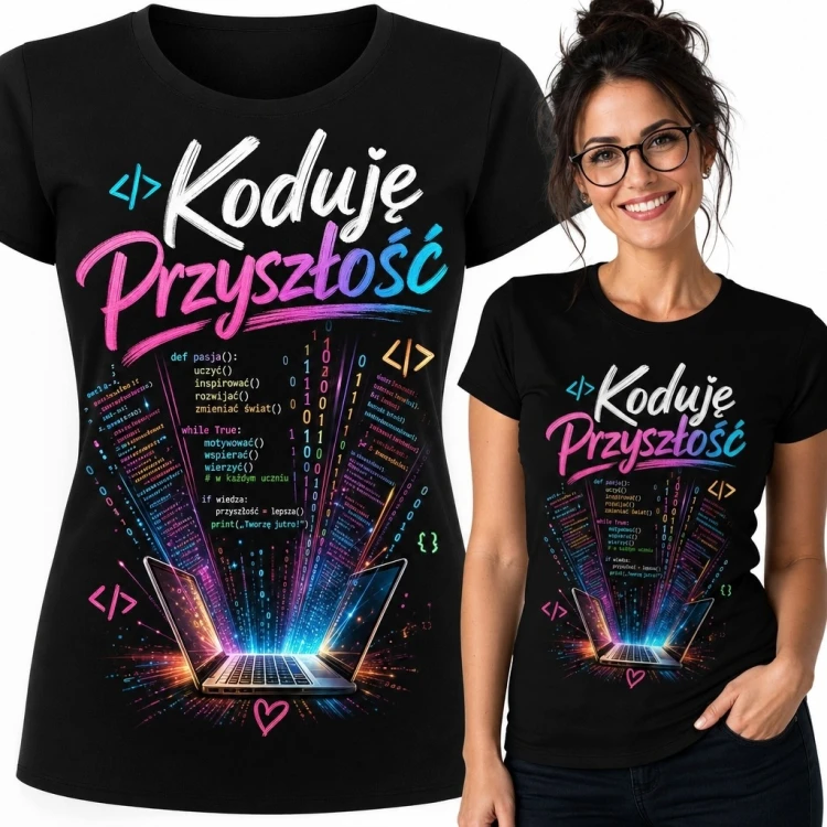 Koszulka damska dla programistki „Koduję Przyszłość” - neonowy laptop i kod