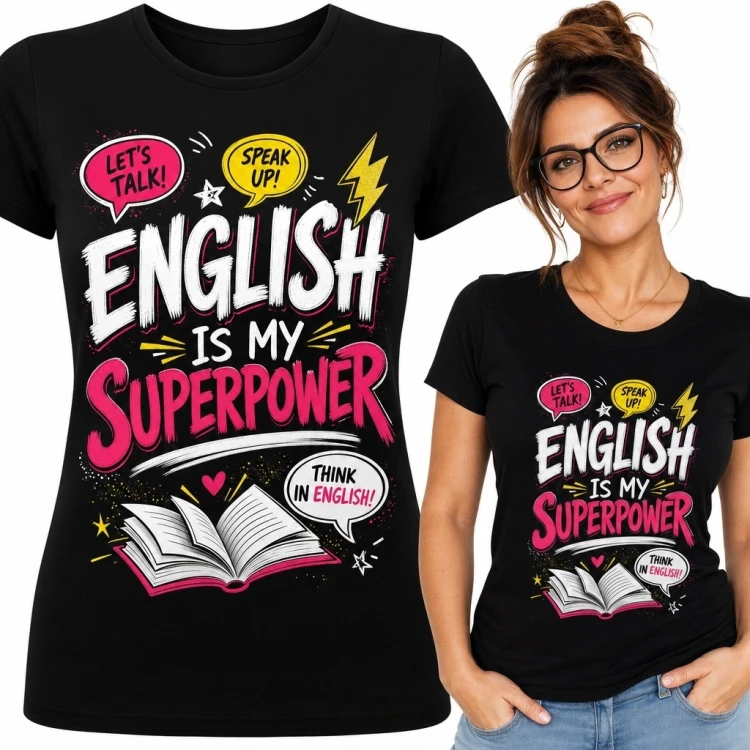 Koszulka damska dla miłośniczki angielskiego „English is my superpower” - komiksowy motyw