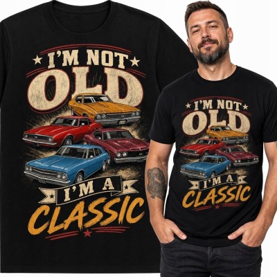 Koszulka męska z klasycznymi samochodami „I’m Not Old, I’m a Classic” - motoryzacyjne retro