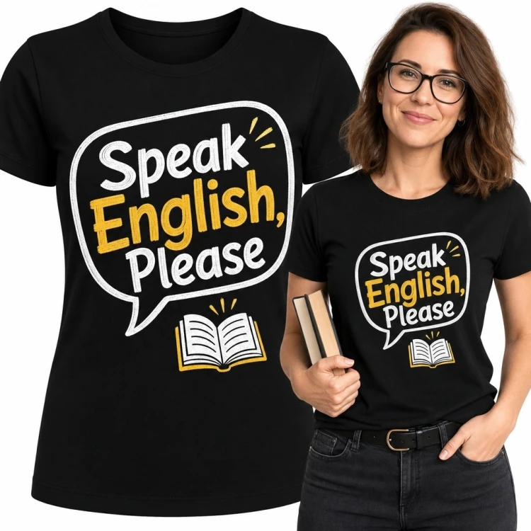 Koszulka damska z książką i napisem „Speak English, Please” - dla anglistki