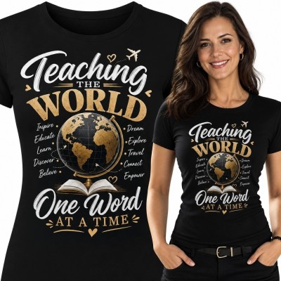 Koszulka damska dla nauczycielki „Teaching the World One Word at a Time” - globus i otwarta książka