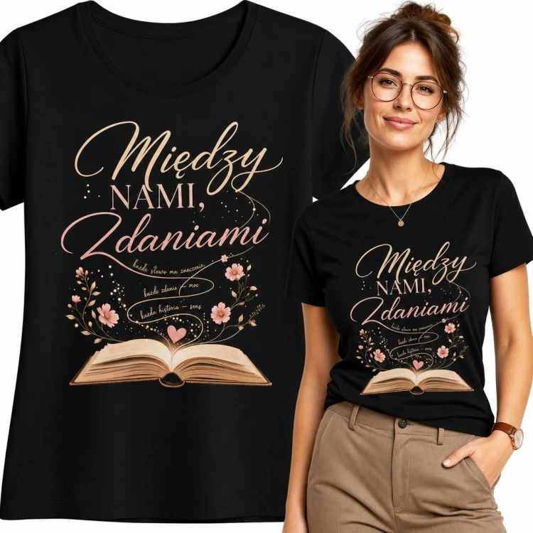 Koszulka damska z książką i kwiatami „Między NAMI zdaniami”
