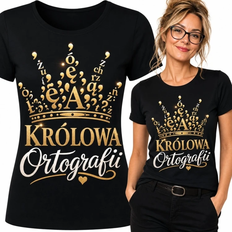 Koszulka damska dla polonistki „Królowa Ortografii” - typograficzna korona