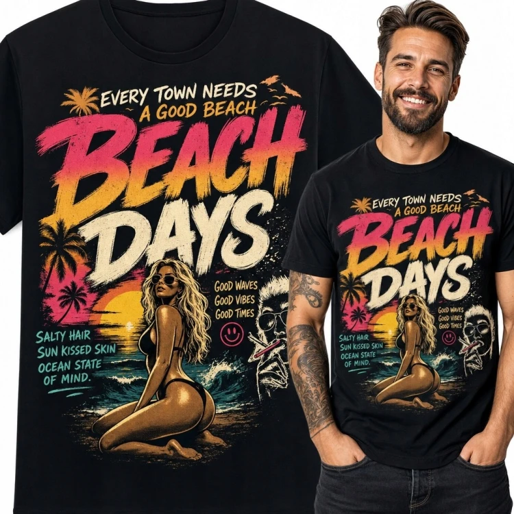 Koszulka męska „Beach Days” - plażowy motyw retro z kobietą w bikini