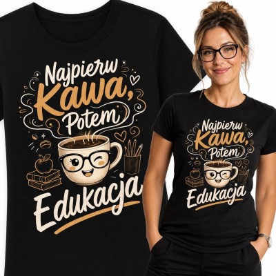 Koszulka damska dla nauczycielki „Najpierw kawa, potem edukacja” - kawowy humor