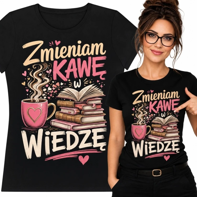 Koszulka damska „Zmieniam kawę w wiedzę” z parującym różowym kubkiem i otwartą książką
