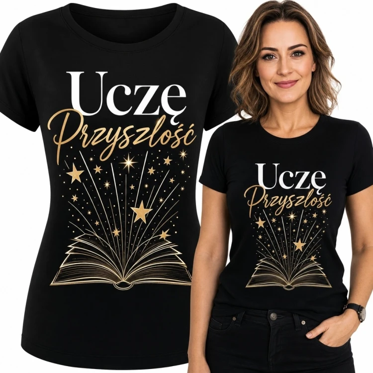 Koszulka damska dla nauczycielki „Uczę Przyszłość” - otwarta książka i gwiazdy