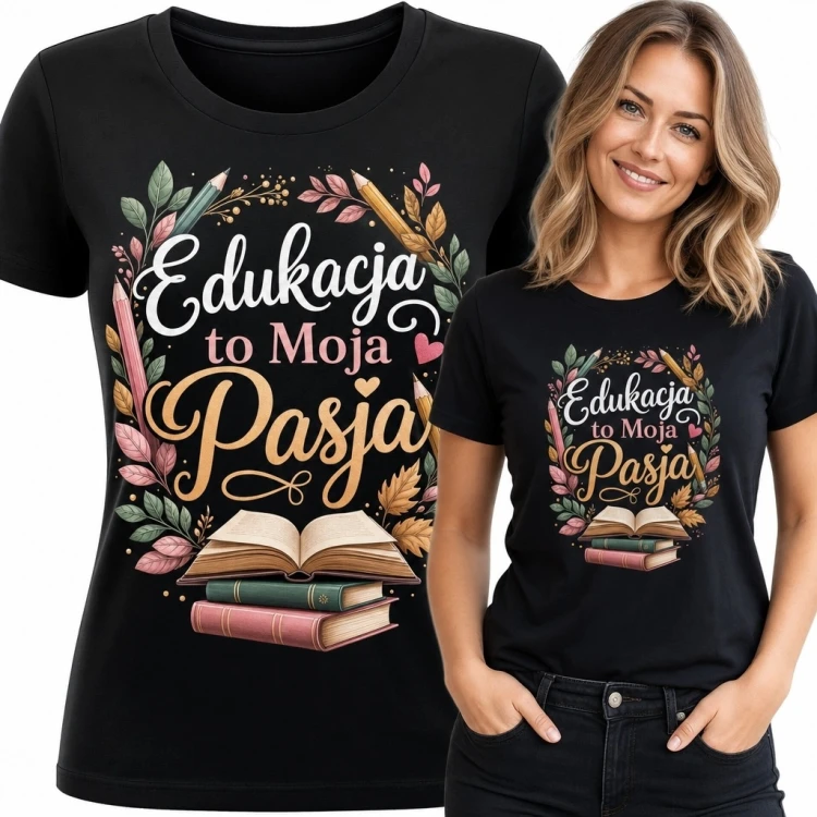 Koszulka damska dla nauczycielki „Edukacja to moja pasja” - książki i kwiaty
