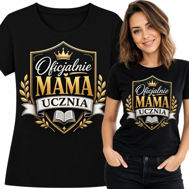 Koszulka damska „Oficjalnie MAMA UCZNIA” - korona, laur i otwarta książka