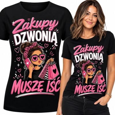 Koszulka damska z komiksową miłośniczką zakupów „Zakupy dzwonią, muszę iść” - czarna