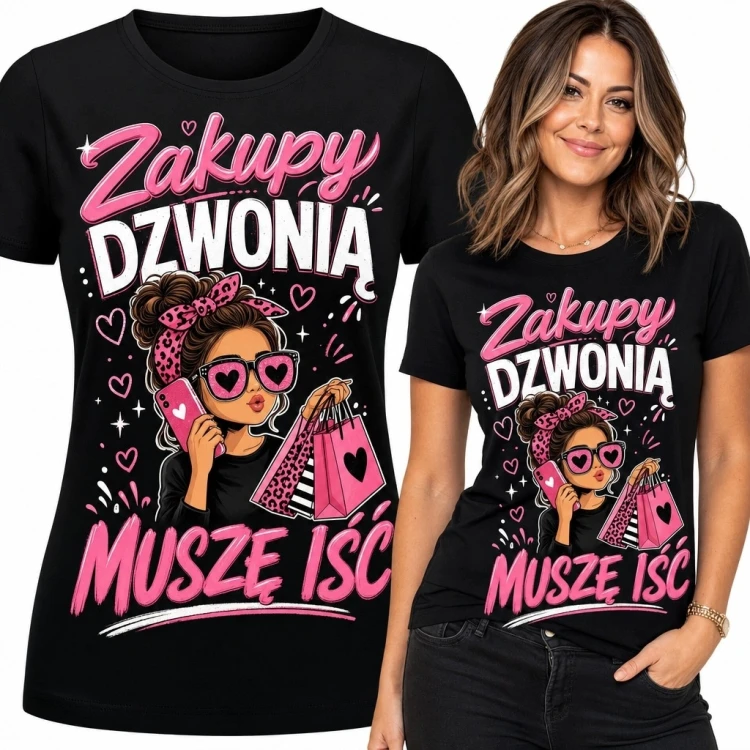 Koszulka damska z komiksową miłośniczką zakupów „Zakupy dzwonią, muszę iść” - czarna