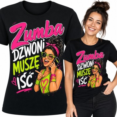 Koszulka damska dla miłośniczki zumby „Zumba dzwoni, muszę iść” - neonowy motyw fitness