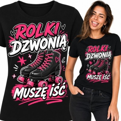 Koszulka damska z wrotkami „Rolki dzwonią muszę iść” - sportowy wzór