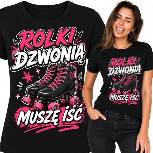 Koszulka damska z wrotkami „Rolki dzwonią muszę iść” - sportowy wzór