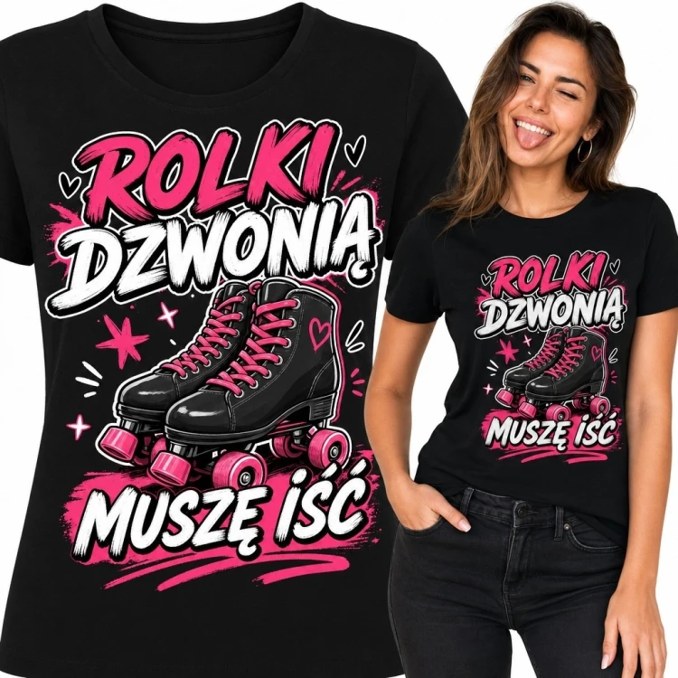 Koszulka damska z wrotkami „Rolki dzwonią muszę iść” - sportowy wzór