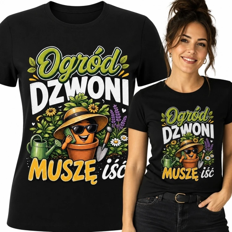Koszulka damska dla ogrodniczki „Ogród dzwoni, muszę iść” - kolorowy nadruk retro