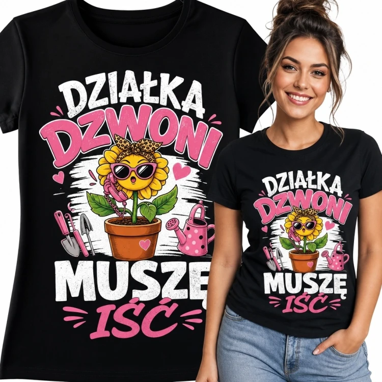 Koszulka damska dla działkowiczki ze słonecznikiem „Działka dzwoni muszę iść”