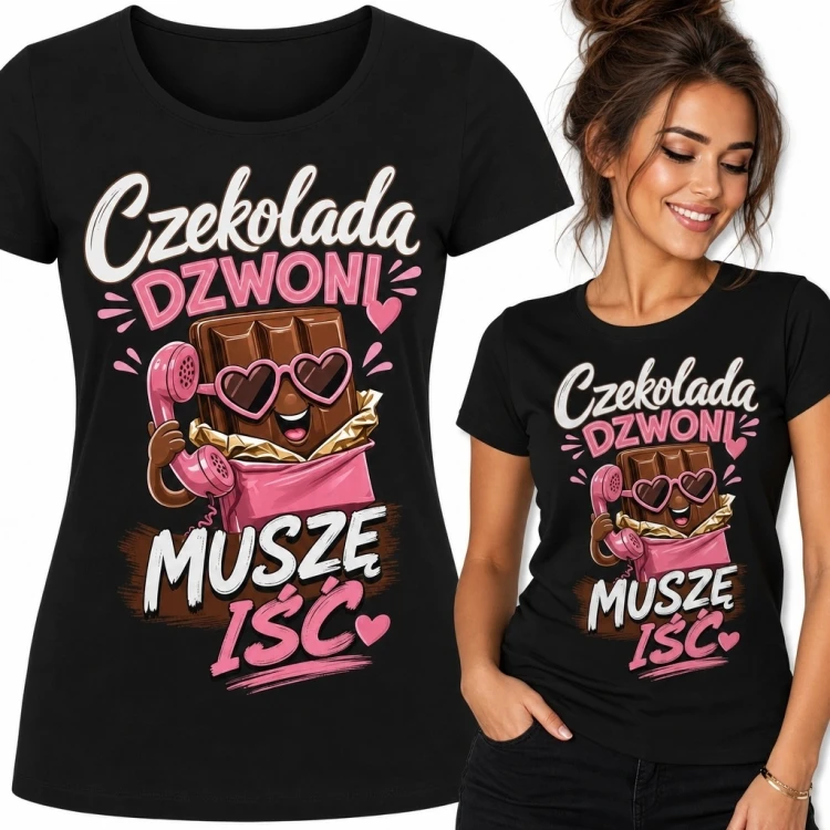 Koszulka damska z czekoladą „Czekolada dzwoni, muszę iść” - zabawny nadruk
