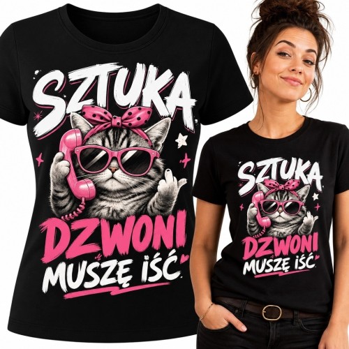 Koszulka damska z kotem i napisem „Sztuka dzwoni muszę iść”