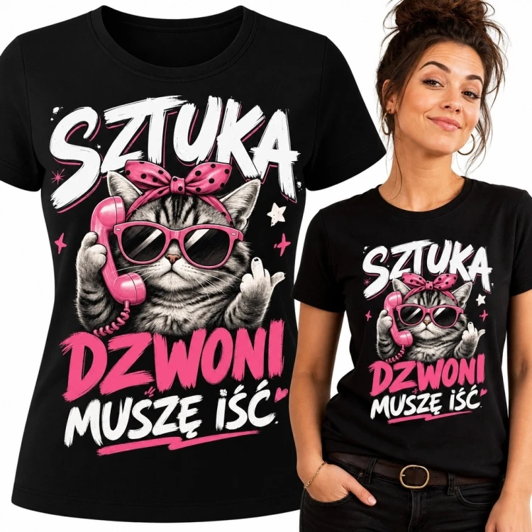 Koszulka damska z kotem i napisem „Sztuka dzwoni muszę iść”
