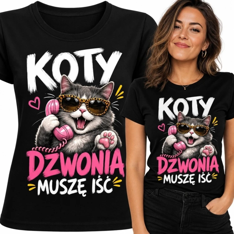 Koszulka damska z kotem „Koty dzwonią, muszę iść” - różowy telefon retro