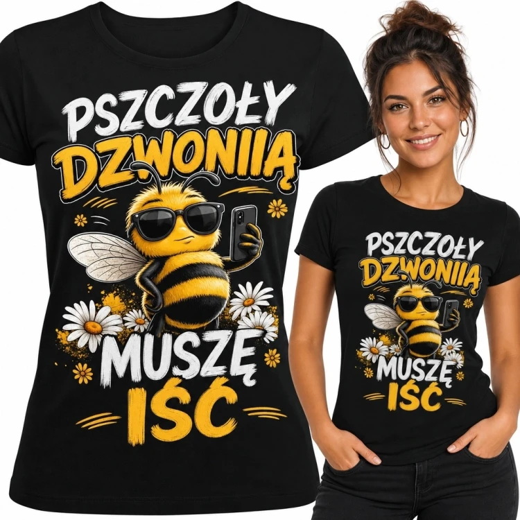 Koszulka damska dla pszczelarki „Pszczoły dzwonią muszę iść” - pszczoła ze smartfonem