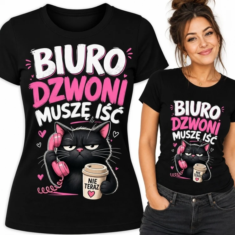 Koszulka damska z kotem i napisem „Biuro dzwoni muszę iść” - humor biurowy