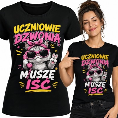 Koszulka damska dla nauczycielki z kotem - „Uczniowie dzwonią muszę iść”
