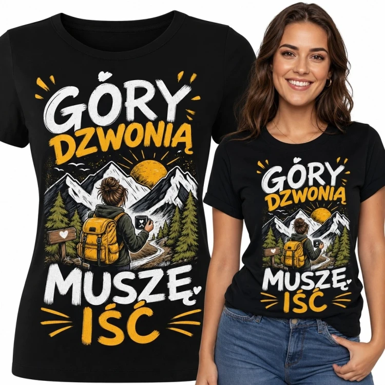 Koszulka damska dla miłośniczki gór „Góry dzwonią, muszę iść” - wędrowniczka na szlaku