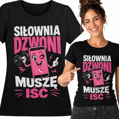 Koszulka damska na siłownię „Siłownia dzwoni, muszę iść” - smartfon z hantlem