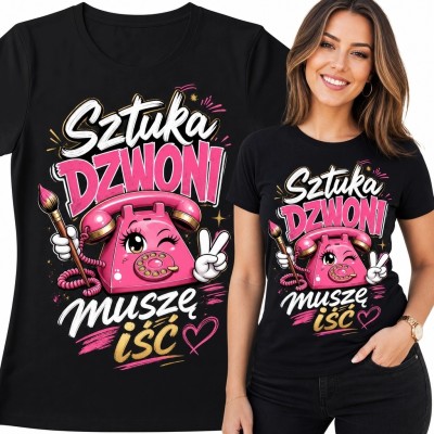 Koszulka damska dla artystki „Sztuka dzwoni, muszę iść” - różowy telefon retro