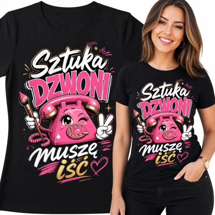 Koszulka damska dla artystki „Sztuka dzwoni, muszę iść” - różowy telefon retro