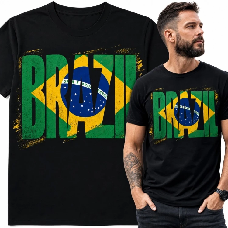 Koszulka męska z flagą Brazylii „Brazil” - postarzany nadruk