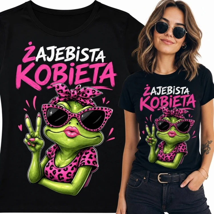 Koszulka damska z żabą i napisem „Żajebista kobieta” - humorystyczny wzór