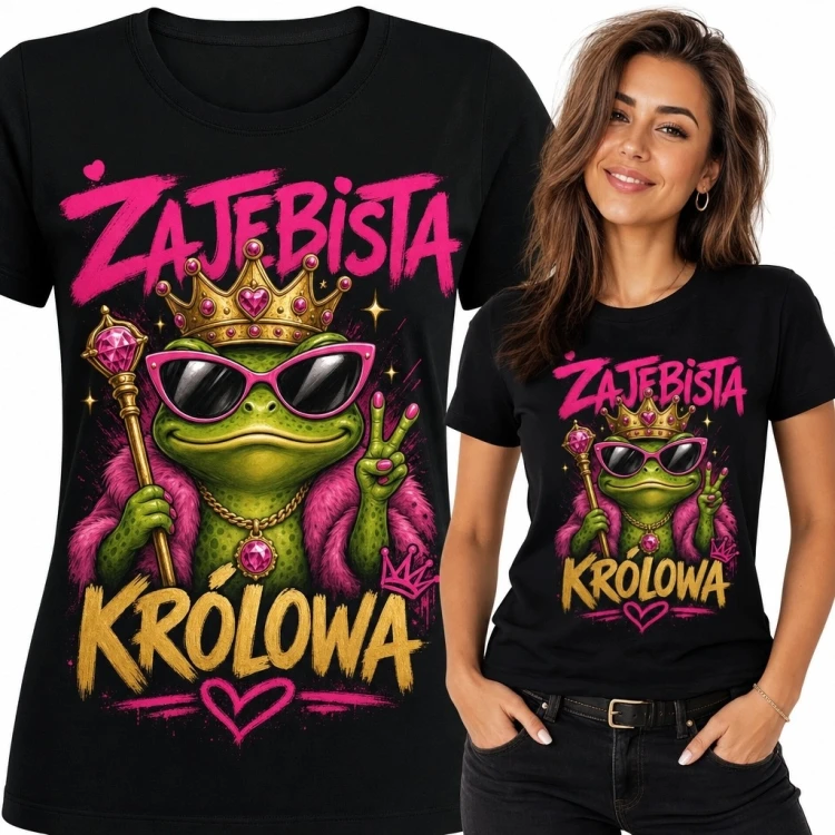 Koszulka damska z żabą królową i napisem „Żajebista królowa” - mocny humor