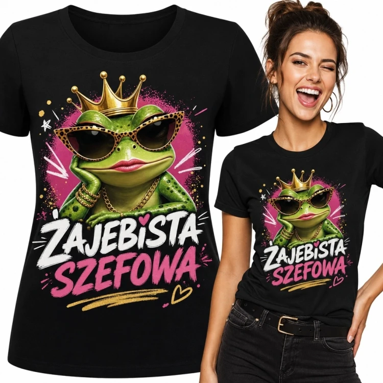 Koszulka damska dla szefowej z żabą w koronie „Żajebista szefowa” - czarna