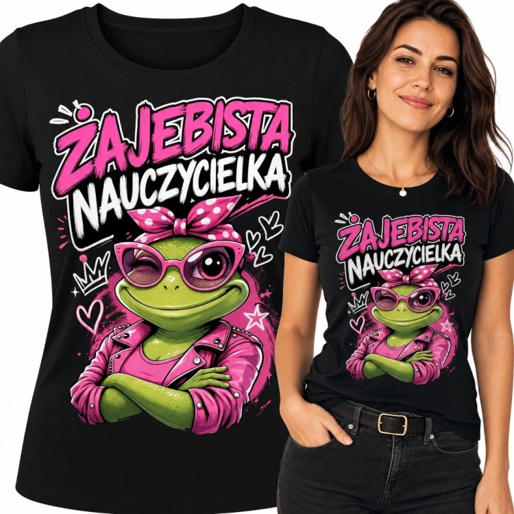 Koszulka damska dla nauczycielki z żabą „Żajebista nauczycielka”