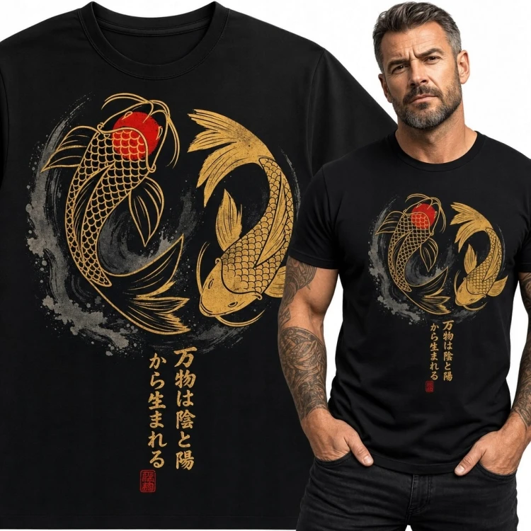 Koszulka męska z karpiami koi yin-yang i napisem „万物は陰と陽から生まれる”
